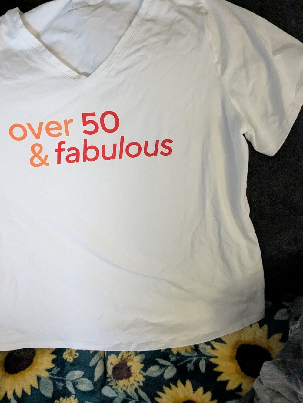 Over 50 & Fabulous Graphic V-Neck T-Shirt - White with Orange/Red Print